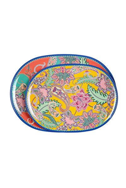 Lucky Art Paiselle Melamin 2'li Tepsi Seti - Renkli Şal Desenli Dekoratif Sun...