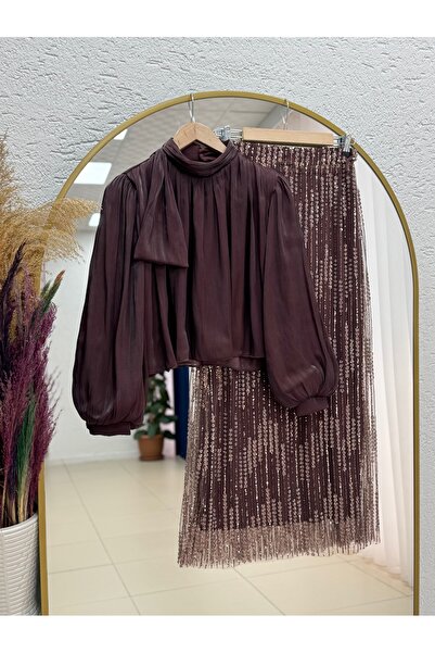 MİHRA STORE Ada Balon Puff Sleeve Skirt Sequined Shirt Janjan Set-Ge807 Brown