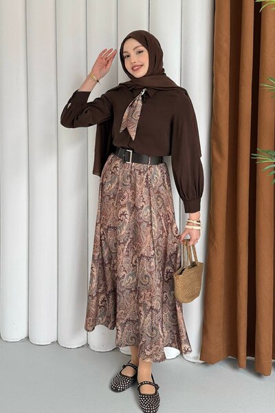 Modaensarbutik Etek Desenli Üst Fular Detaylı Tesettür Takım-KAHVERENGİ