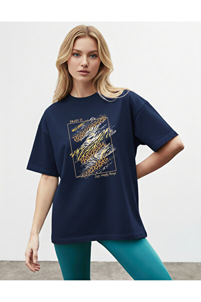 caddekombin Women's Gold and Zebra Patterned Enjoy It Written Navy Blue T-Shirt