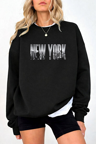 Pink Sky Unisex Oversize Βαμβακερό Φούτερ με Στάμπα1 NEW YORK