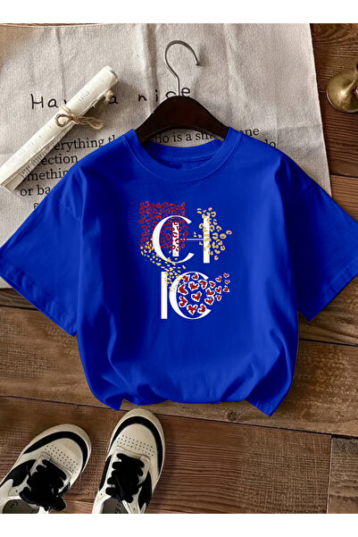 caddekombin Women's Stylish Design Chic Written Crew Neck Cobalt Blue T-Shirt