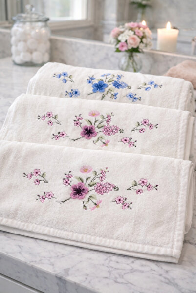 Bambus 90x50 3'lü %100 Pamuklu Kadife 1. Kalite 3D Çiçek Nakışlı Çeyiz El / Y...