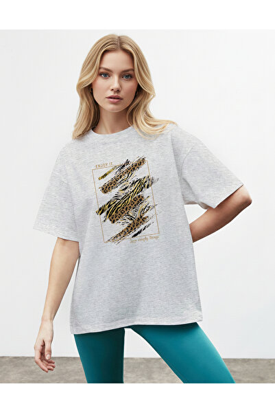 caddekombin Women's Gold and Zebra Patterned Enjoy It Written Gray T-Shirt