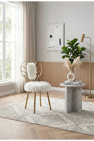 lowena home Modern Beyaz Peluş Kumaşlı Melek Tasarım Makyaj Sandalyesi Yuvarl...