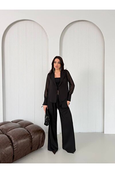 LOCH BUTİK Women's Black Jacket Set with Chiffon Inserts on the Back and Sleeves