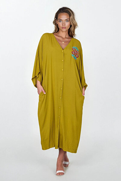 Trend Alaçatı Stili Women's Oil Green Button Front Embroidered Plus Size Visc...