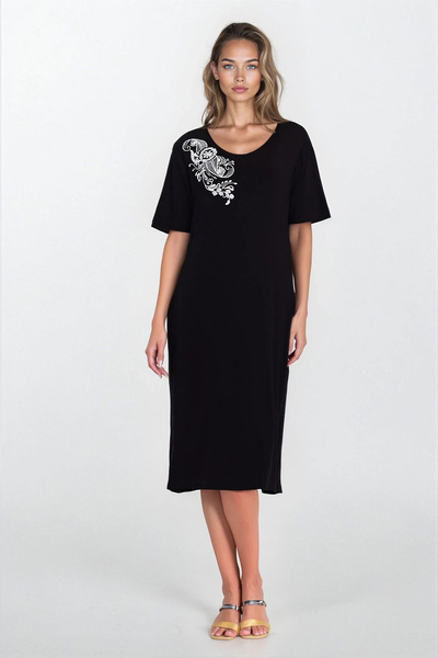 Trend Alaçatı Stili Rochie de damă neagră cu broderie florală cu guler lat de...