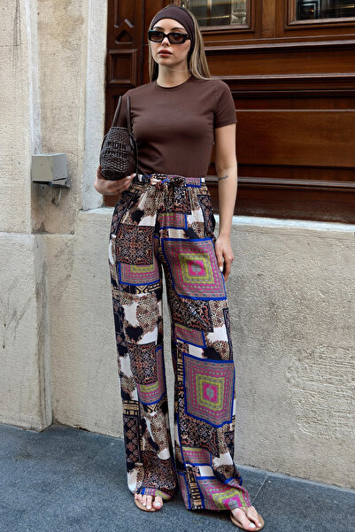 Trend Alaçatı Stili Women's Blue-Brown Patterned Raha Cut Drawstring Trousers...