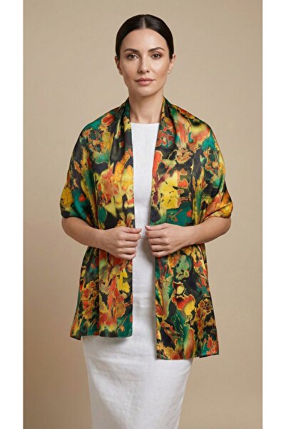 Vegan Silk Cupro Tropikal Çiçekli Fular 45x190cm
