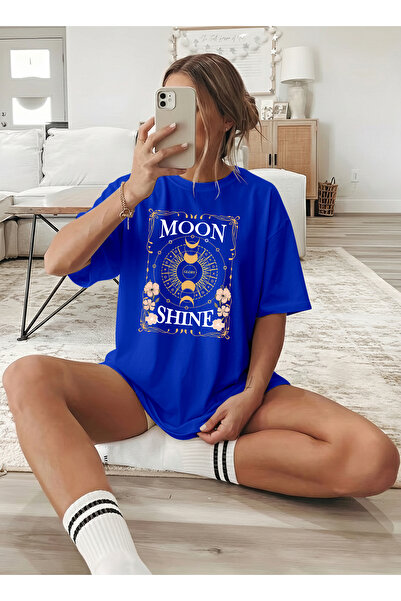 caddekombin Women's Mystical Cobalt Blue T-Shirt with Moon Phases and Flower ...
