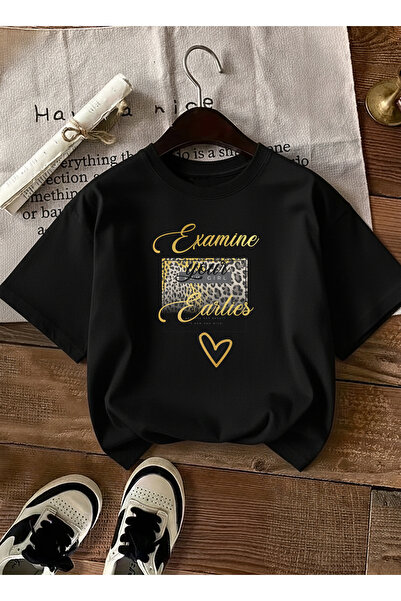 caddekombin Дамска тениска с леопардов принт на сърце и златни букви в черно