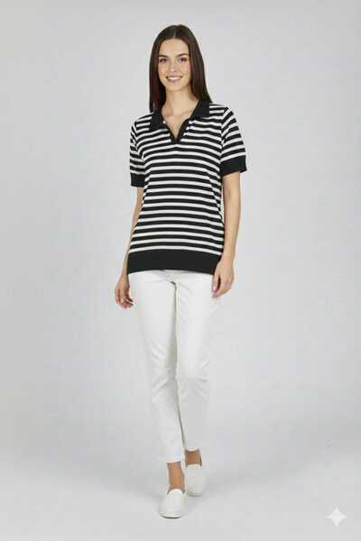isiltikidsmoda Black and White Striped Polo Collar Short Sleeve Blouse