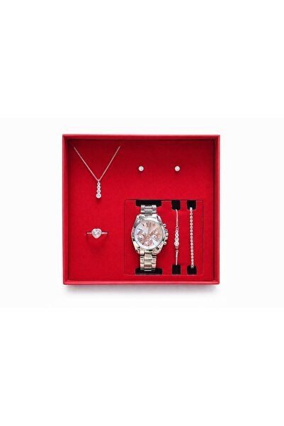 SEES AKSESUAR Gümüş Metal Kadın Kol Saati - 5'li Kombin Set Hediyeli