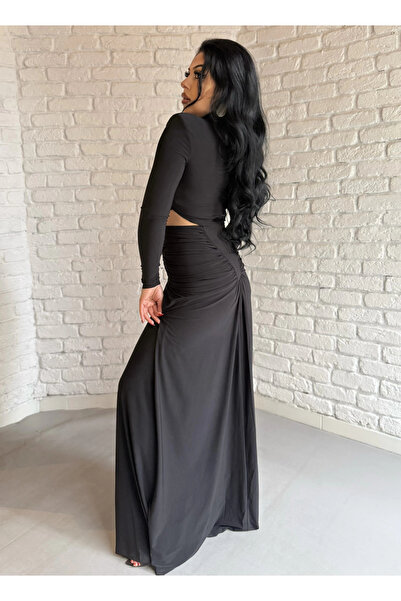 moneta boutique Women's Shoulder Pad Piece Low-Cut Waist Long Dress Draped