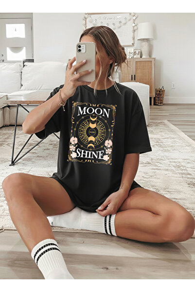 caddekombin Women's Mystical Black T-Shirt with Moon Phases and Flower Figures
