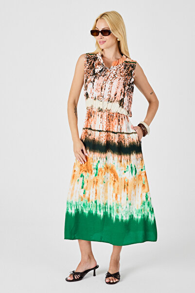 Trend Alaçatı Stili Women's Green-Cream Notched Collar Buttoned Patterned Sle...