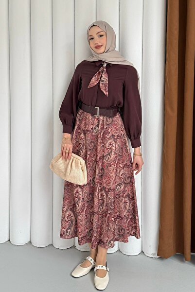 Modaensarbutik Etek Desenli Üst Fular Detaylı Tesettür Takım-BORDO