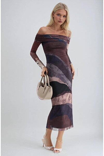 Lijuri Madonna Collar Lined Tie-Dye Pattern Tulle Dress 2978