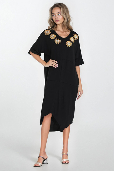 Trend Alaçatı Stili Rochie neagră de damă cu broderie florală, tăiată asimetr...