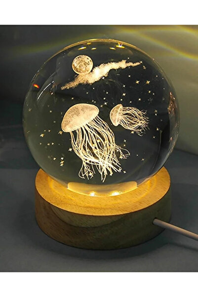 Fırsatkolik Decorative Jellyfish Design Illuminated Glass Globe with Wooden B...