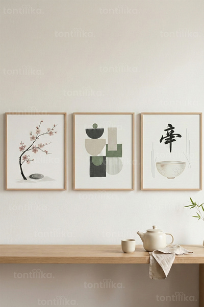Tontilika Zen Denge 3’lü Ahşap Çerçeveli Tablo Seti - Japandi Minimal Duvar D...