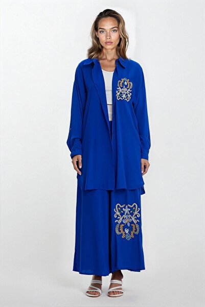 Trend Alaçatı Stili Γυναικείο μπλε κεντημένο σχιστό λεπτομερές κιμονό και παν...