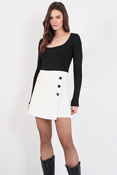 Trend Alaçatı Stili Damen Ecru Knopfverzierte Kaschmir-Shorts Rock Alc-X14779