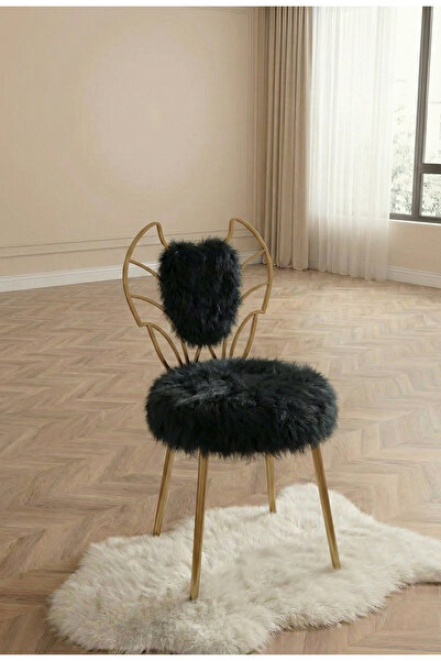 lowena home Modern Siyah Peluş Kumaşlı Melek Tasarım Makyaj Sandalyesi Yuvarl...