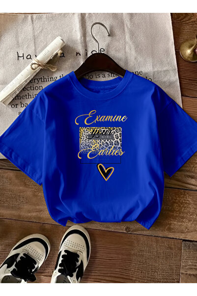 caddekombin Women's Leopard Heart Printed Gold Written Cobalt Blue T-Shirt