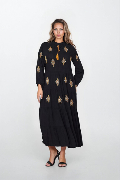 Trend Alaçatı Stili فستان فيسكوز أسود بتفاصيل ربط وأكمام مطاطية مقاس كبير للن...