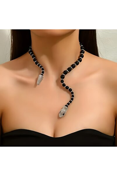 Bujimori Stylish Women's Necklace with Black Beaded Snake Figure