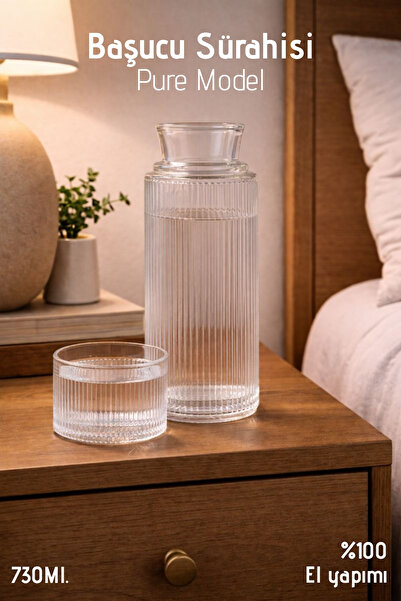 Nandy Home El Yapımı Cam, Pure Modelli Başucu Sürahisi -730Ml. Bardaklı Sürahi