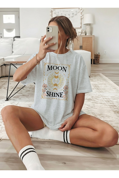caddekombin Women's Mystic Gray T-Shirt with Moon Phases and Flower Figures