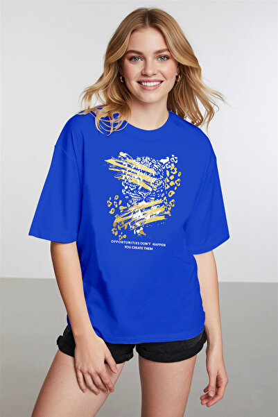 caddekombin Women's Gold Leopard Illustrated S Cobalt Blue T-Shirt