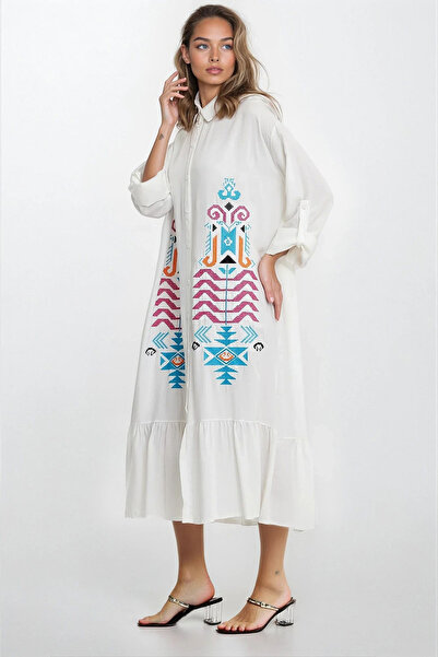 Trend Alaçatı Stili Women's White Shirt Collar Button Embroidered Skirt Ruffl...