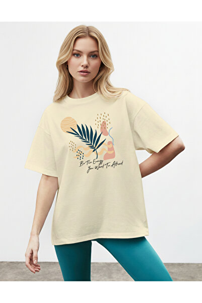 caddekombin Women's Aesthetic Striped Energy Themed Beige T-Shirt