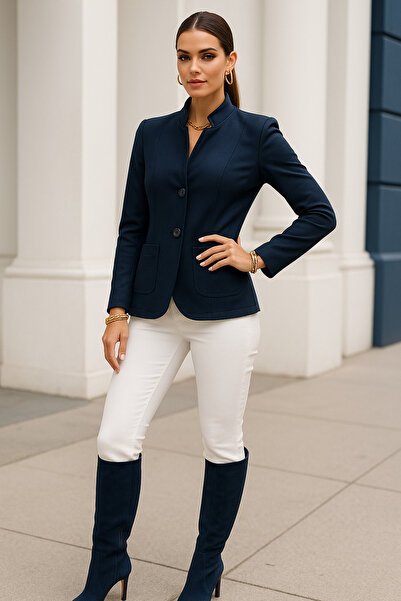 Rich Women's Navy Blue Long Sleeve Viscose Jacket with Pockets