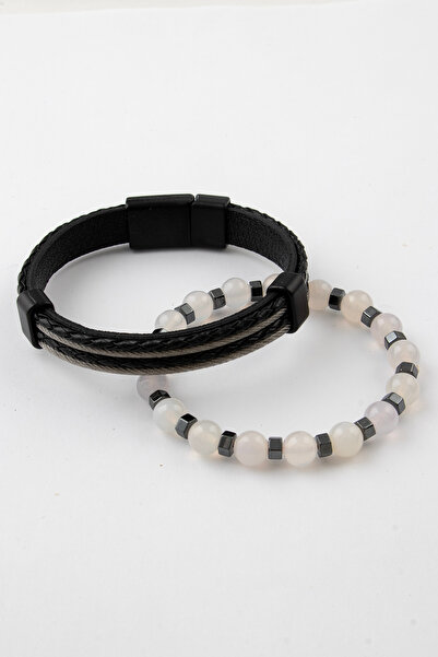 Sortie Aksesuar Genuine Leather and Natural Stone Gift Men's Bracelet Combina...