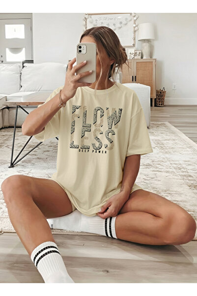 caddekombin Women's Flowless Mottolu Nighttime Chic Beige T-Shirt