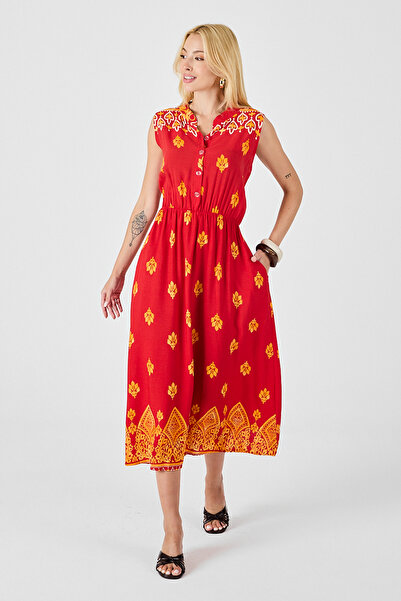 Trend Alaçatı Stili Women's Red Notched Collar Buttoned Patterned Sleeveless ...