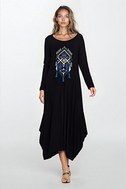 Trend Alaçatı Stili Rochie neagră de damă, cu croiala asimetrică, broderie, c...