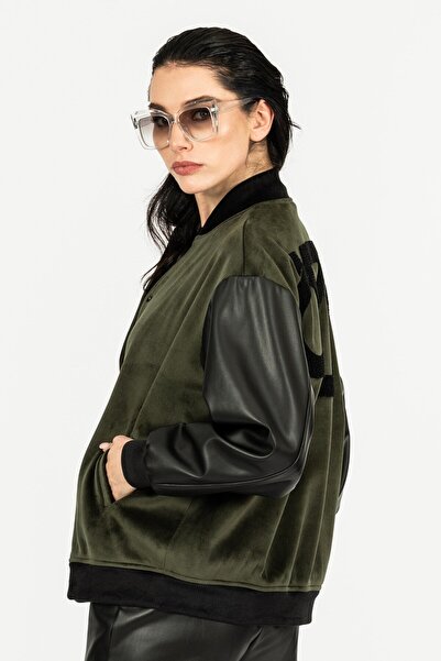 byözlemyazan Leather Sleeves Velvet Textured Snap Fastener Women's Bomber Coat