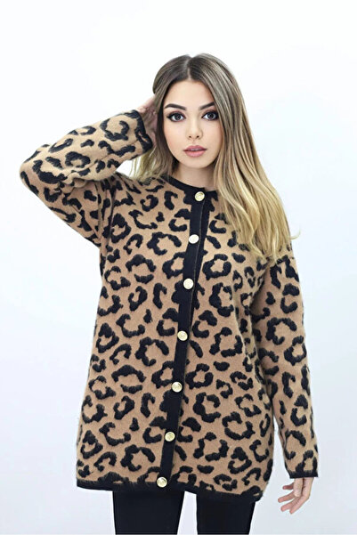 Stile Bella Women's Crew Neck Leopard Print Brown Cardigan