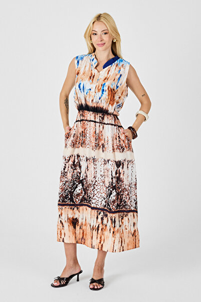 Trend Alaçatı Stili Women's Beige Notched Collar Buttoned Patterned Sleeveles...