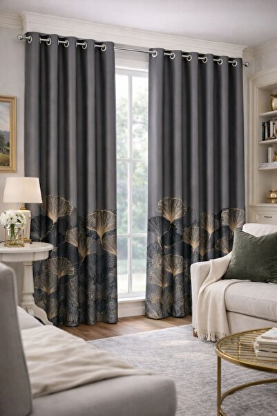 proevteks Yaprak Desenli Kuşgözlü Fon Perde | Rustik Halkalı Perde | Modern T...