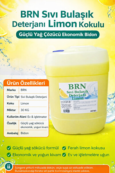 BRN Sıvı Bulaşık Deterjanı Limon Kokulu 30 KG – Ekonomik Bidon