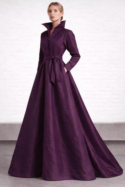 SERAVENZA COUTURE فستان قميص أنيق من التفتا بطول ماكسي مع حزام وجيوب COU-43