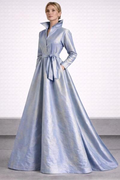 SERAVENZA COUTURE فستان قميص أنيق من التفتا بطول ماكسي مع حزام وجيوب COU-44