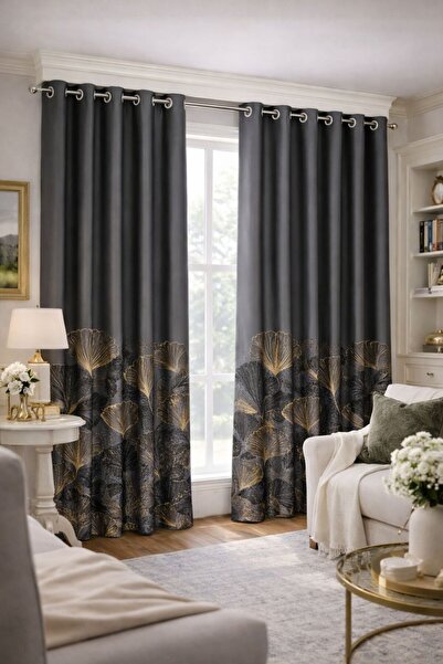 proevteks Yaprak Desenli Kuşgözlü Fon Perde | Rustik Halkalı Perde | Modern T...